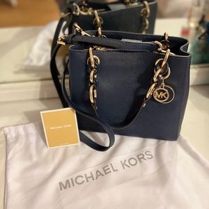 Michael Kors Cynthia Saffiano Leather Navy Blue & Gold Chain Crossbody Satchel